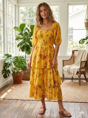 J Gee Yellow Floral Tiered Midi Dress with Smocked Bodice